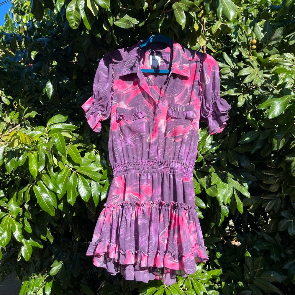 Misa Los Angeles Purple Pink sheer tropical floral ruffle tiered mini dress